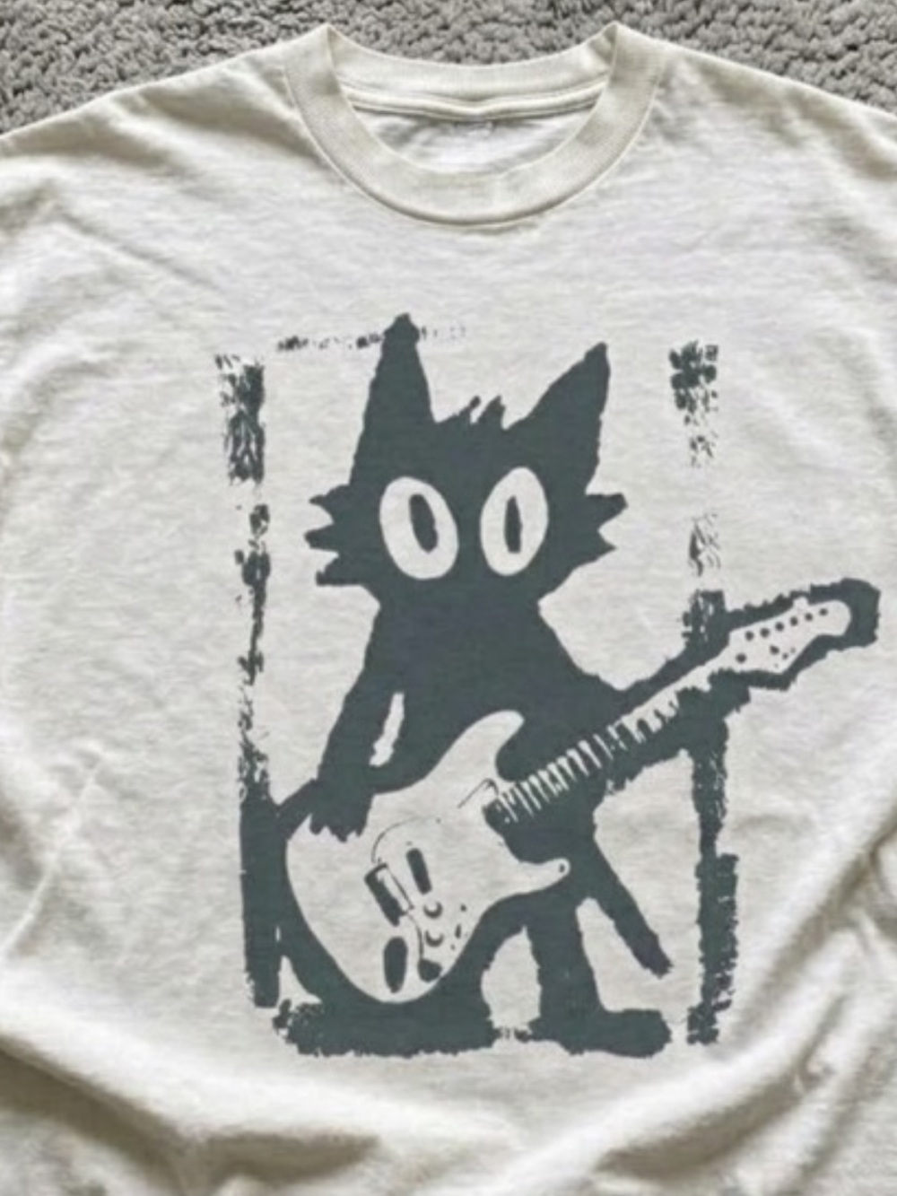 Gildan White Short Sleeve Tee with Dark Gray Cat Guitar Graphic